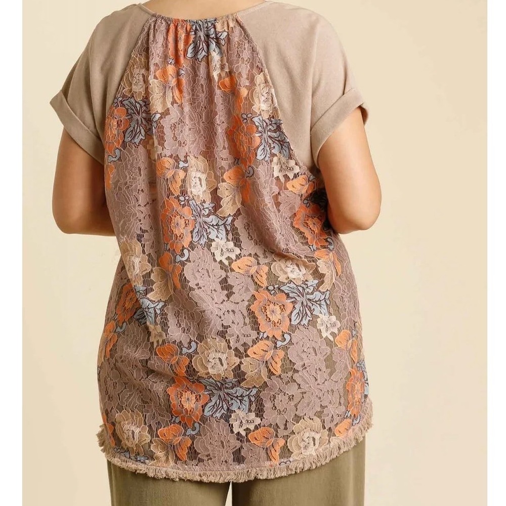Umgee Boho Floral Lace Back Fringe Hem Top Tan Orange Short Sleeve A6271 M zz